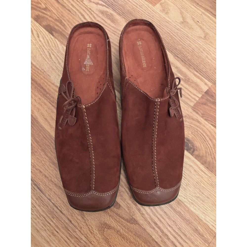 Naturalizer Detail Brown Leather Suede Slip On Mules Bow Detail Women's Size 11M